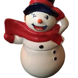 Festive Snowman Cookie Jar with Red Scarf